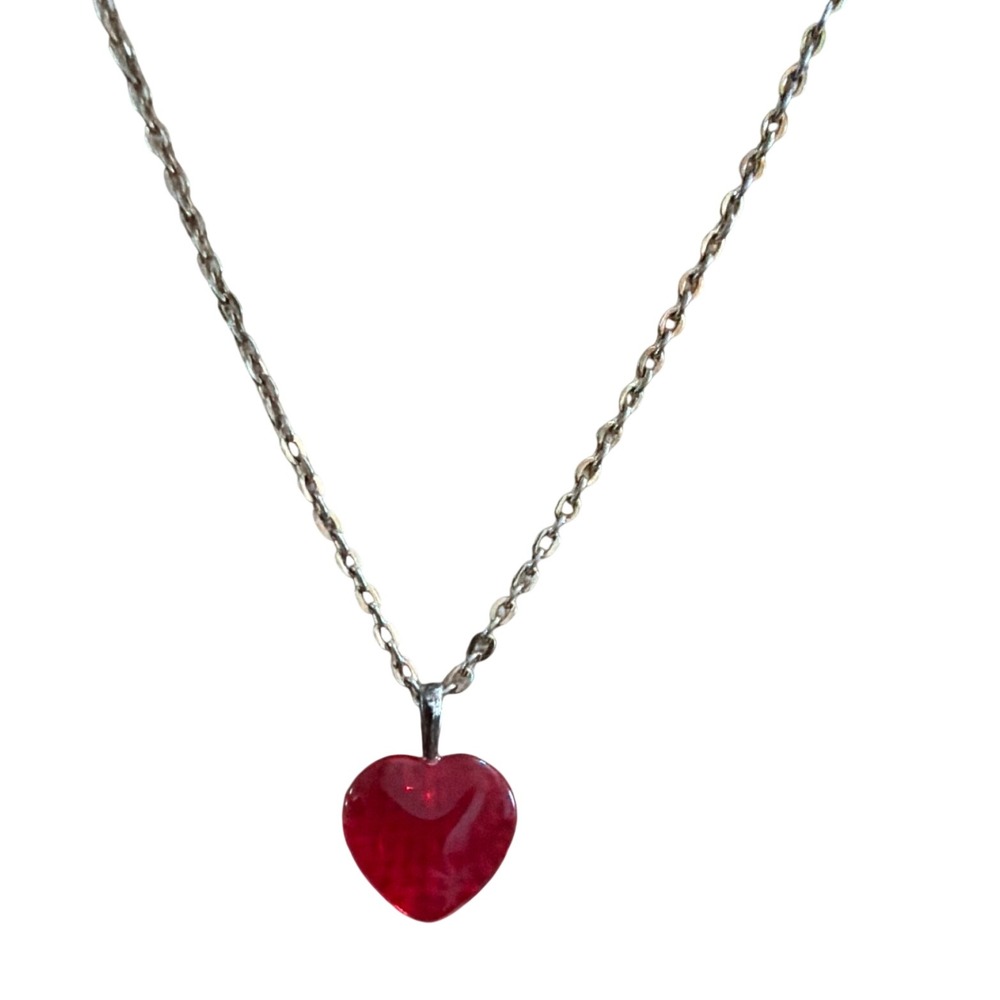 Red Glass Heart Pendant Necklace Gold Tone Dainty Cable Chain 969 Romantic